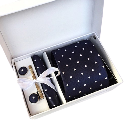 Navy Blue And White Polka Dot Suit Accessories Set With Necktie, Tie Clip, Cufflinks & Pocket Square