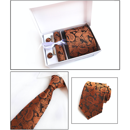 Orange Paisley Suit Accessories Set for Men Including A Necktie, Tie Clip, Cufflinks & Pocket Square