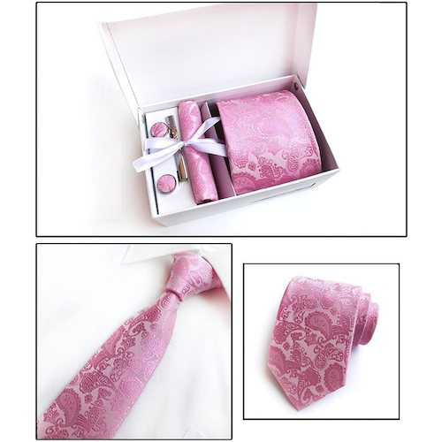 Pink Paisley Suit Accessories Set for Men Including A Necktie, Tie Clip, Cufflinks & Pocket Square
