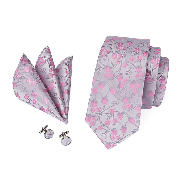 Pink pearly floral silk tie set with necktie, pocket square, and cufflinks