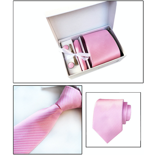 Pink Striped Suit Accessories Set for Men Including A Necktie, Tie Clip, Cufflinks & Pocket Square