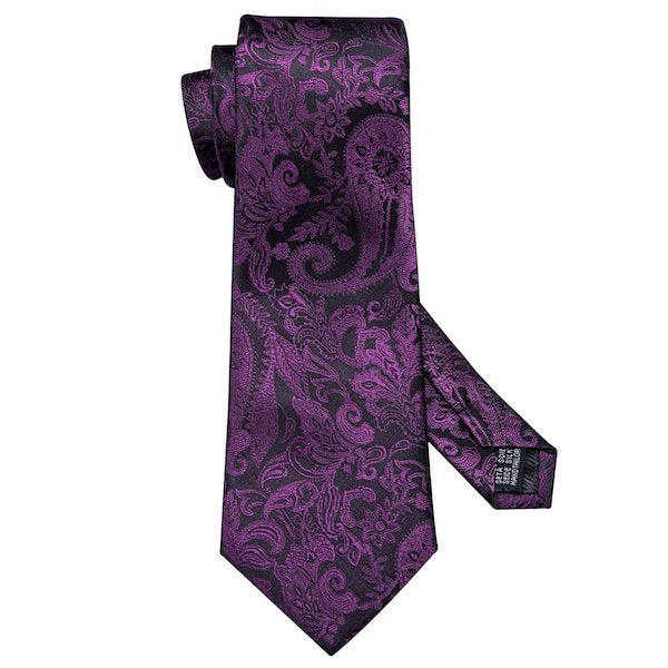 Purple and black silk necktie with paisley floral pattern