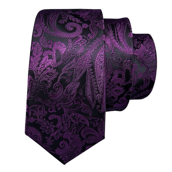 Purple and black silk tie with paisley floral pattern