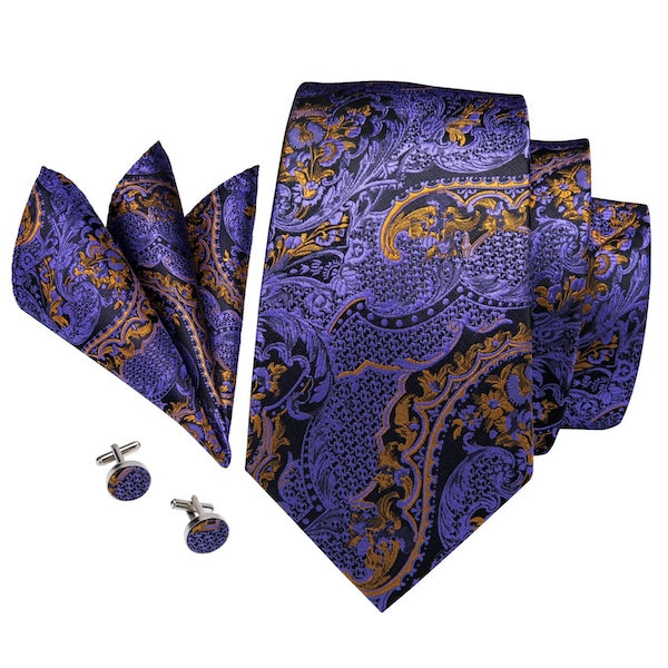 Purple and gold silk tie set with matching pocket square and cufflinks