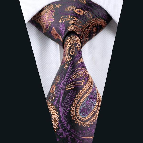 Classy Men Purple Gold Paisley Silk Tie