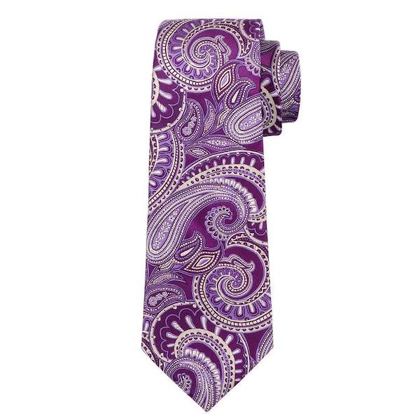 Purple silk necktie with ivory white paisley pattern