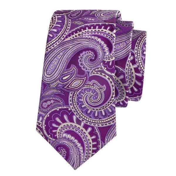 Purple silk tie with ivory white paisley pattern