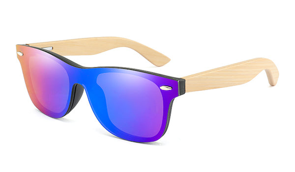 Mens bamboo wood sunglasses with flat purple mirror lens