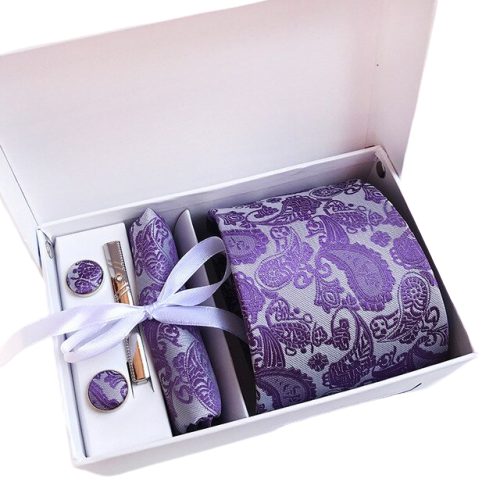 Purple Paisley Suit Accessories Set With Necktie, Tie Clip, Cufflinks & Pocket Square
