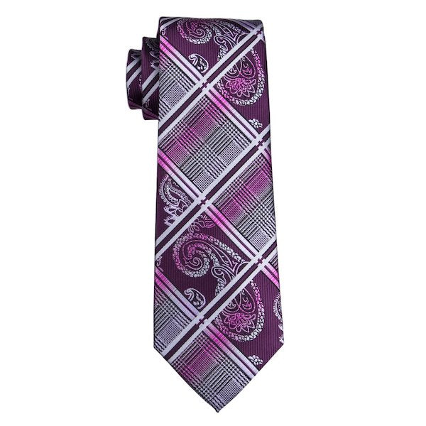 Purple silk necktie with paisley, tartan check, and gradient stripe pattern