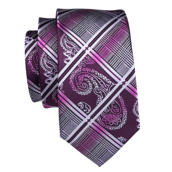Purple silk tie with paisley, tartan check, and gradient stripe pattern