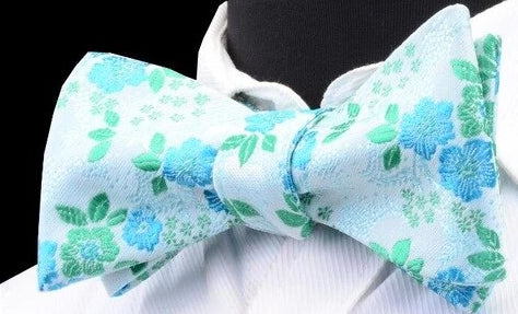 Classy Men Turquoise Floral Silk Self-Tie Bow Tie