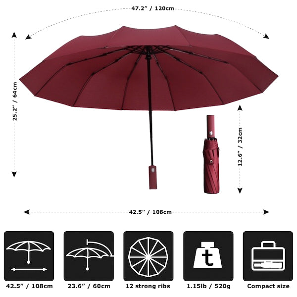 Red automatic rain umbrella details and dimensions