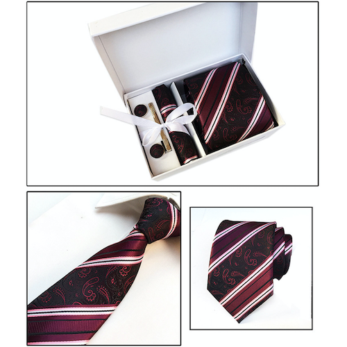 Red Black Striped Paisley Suit Accessories Set for Men Including A Necktie, Tie Clip, Cufflinks & Pocket Square