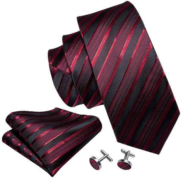 Red and black striped silk tie with matching cufflinks and pocket square