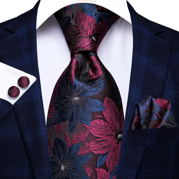 Red and blue floral silk tie with large flower pattern