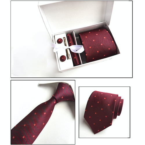 Red Floral Suit Accessories Set for Men Including A Necktie, Tie Clip, Cufflinks & Pocket Square