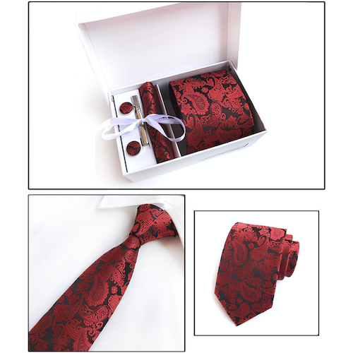 Red Paisley Suit Accessories Set for Men Including A Necktie, Tie Clip, Cufflinks & Pocket Square