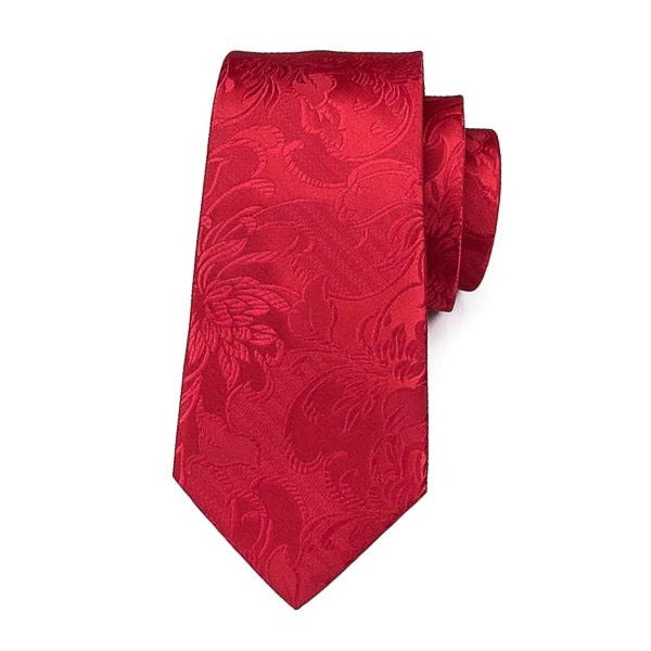 Bright red silk tie with unicolor floral pattern