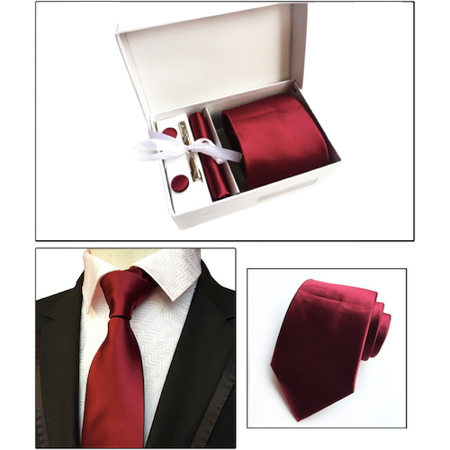 Red Suit Accessories Set for Men Including A Necktie, Tie Clip, Cufflinks & Pocket Square
