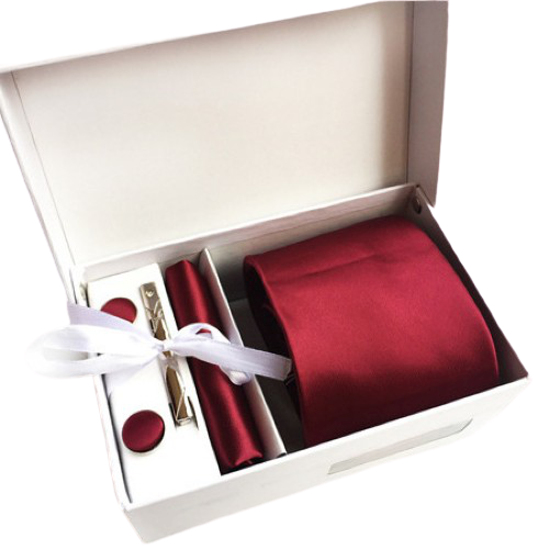 Red Suit Accessories Set With Necktie, Tie Clip, Cufflinks & Pocket Square