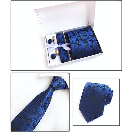 Royal Blue Paisley Suit Accessories Set for Men Including A Necktie, Tie Clip, Cufflinks & Pocket Square