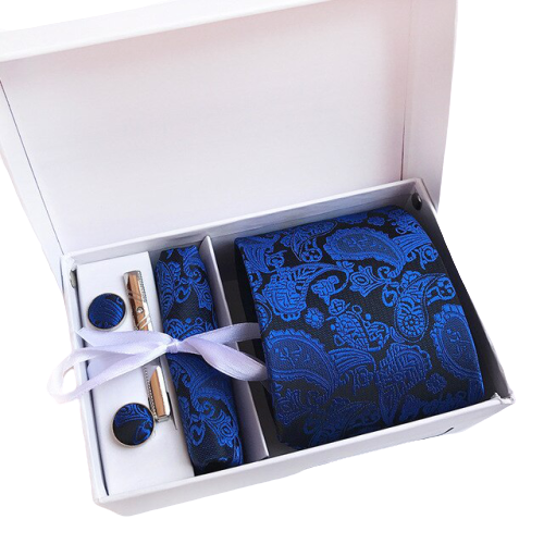 Royal Blue Paisley Suit Accessories Set With Necktie, Tie Clip, Cufflinks & Pocket Square