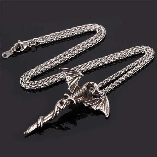 Classy Men Silver Dragon Sword Pendant Necklace