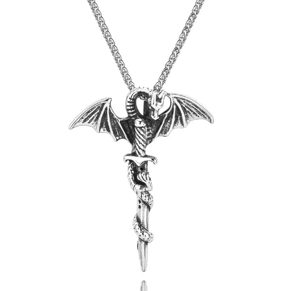 Silver dragon sword pendant necklace for men
