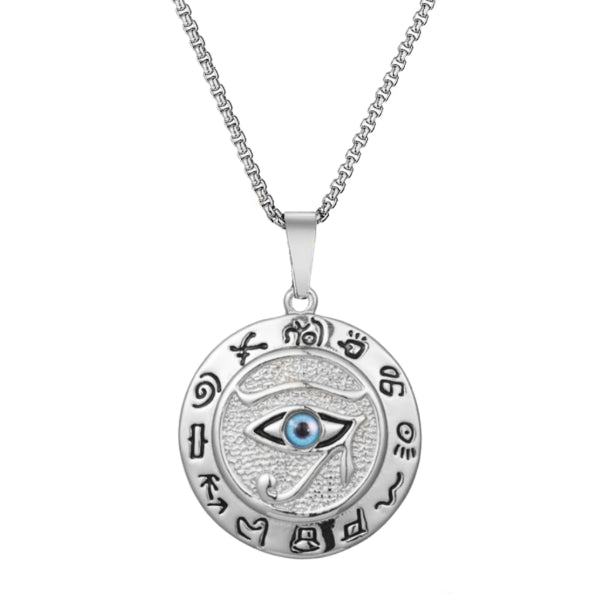 Silver Egyptian Eye of Horus pendant necklace with box chain