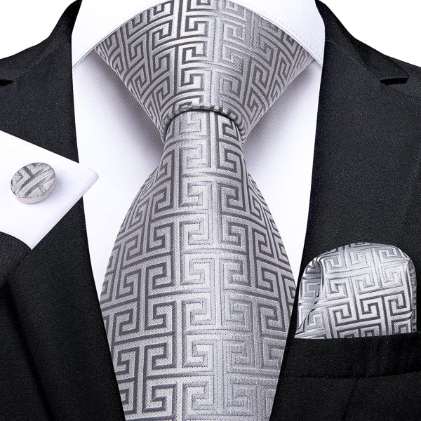 Silver geometric silk tie
