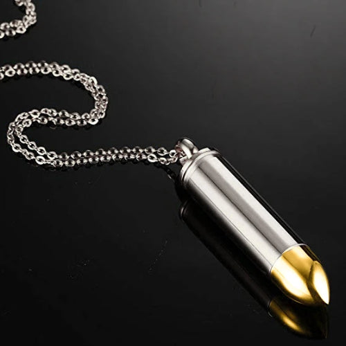 Silver pistol bullet pendant necklace with gold tip