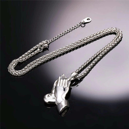 Details of the praying hands pendant necklace for men