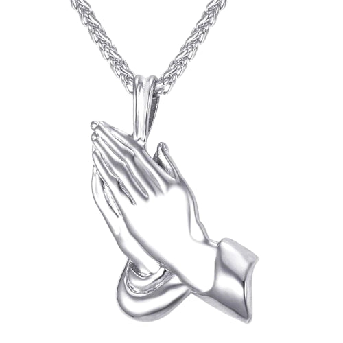 Silver Praying Hands Pendant Necklace For Men