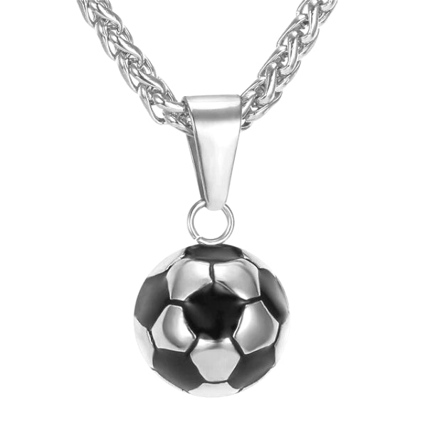 Silver soccer ball pendant and a silver wheat chain necklace