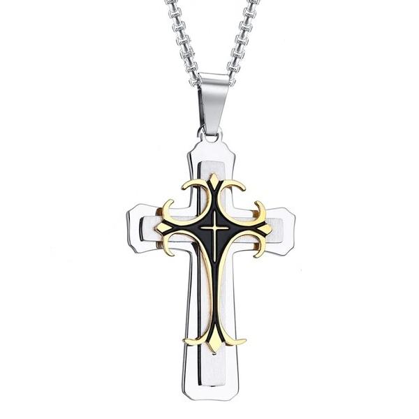 Classy Men Silver Gold Designer Syriac Cross Pendant Necklace