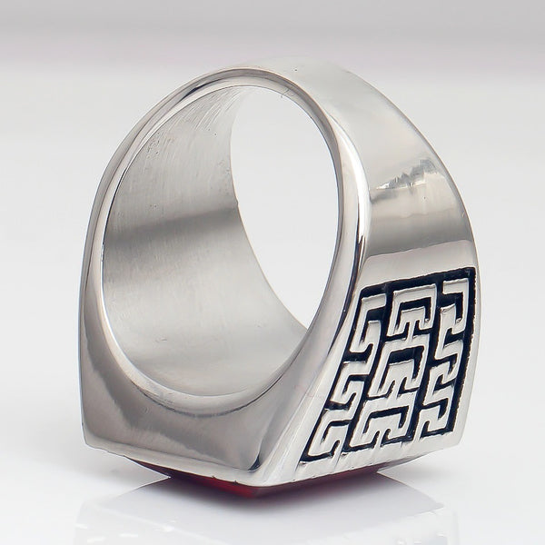 Square red signet ring details