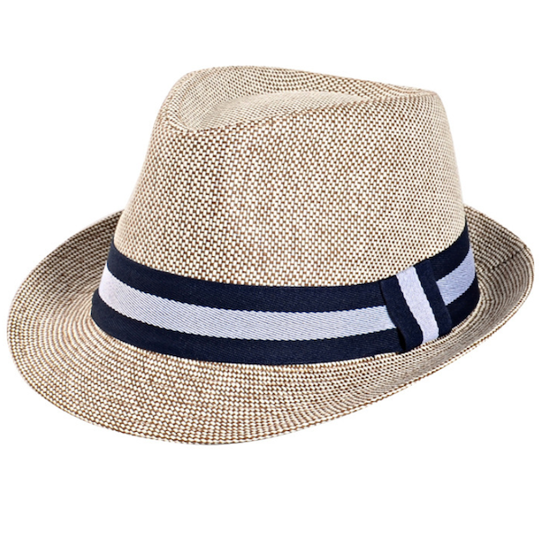 Light Brown Straw Fedora Summer Hat with Blue And White Ribbon