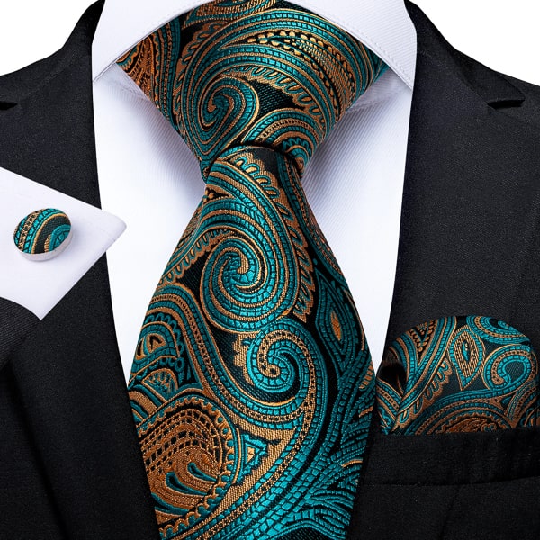 Teal and gold luxury paisley silk tie