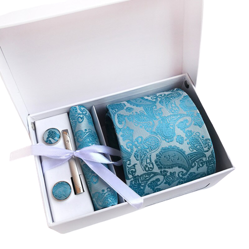 Turquoise Paisley Suit Accessories Set With Necktie, Tie Clip, Cufflinks & Pocket Square