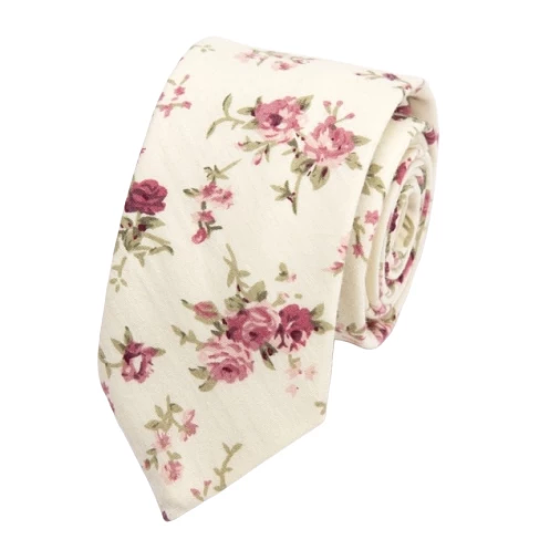 Classy Men White Pink Floral Skinny Cotton Tie