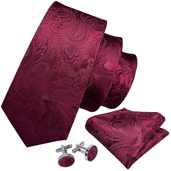 Wine red paisley silk necktie