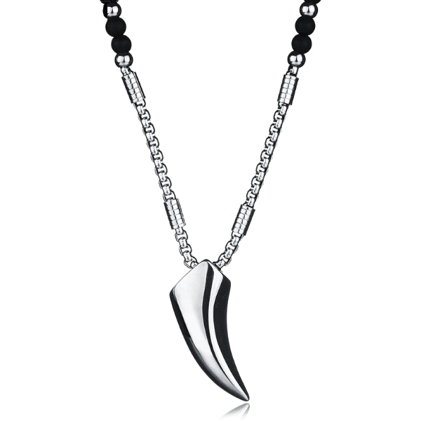 Wolf tooth pendant necklace made of stainless steel and black agate stone beads