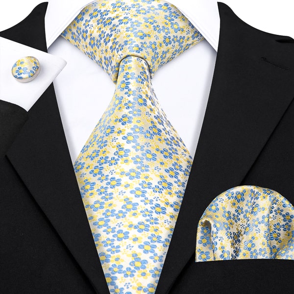 Yellow and blue silk tie with mini flower floral pattern