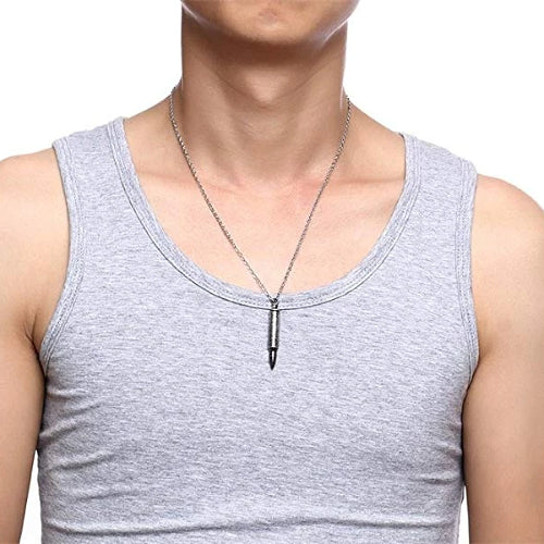 Man Wearing An Antique Bullet Pendant Necklace