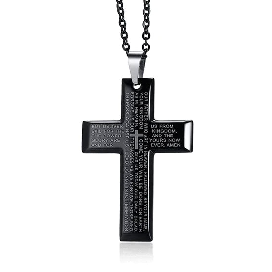 Collana con pendente a croce con versetto biblico nero di classe da uomo