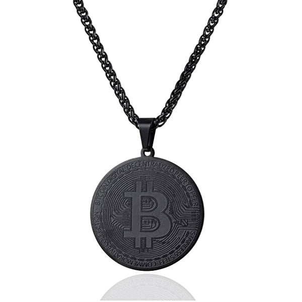 Black Bitcoin digital currency pendant hanging on a chain necklace