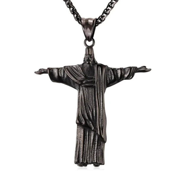 black jesus christ necklace with hands wide open in salvation