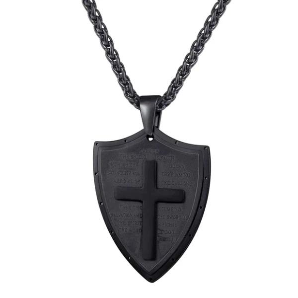 Black shield pendant necklace with a cross and prayer