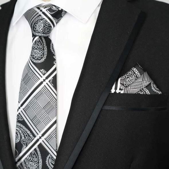 Classy Men Black White Paisley Striped Tartan Silk Tie